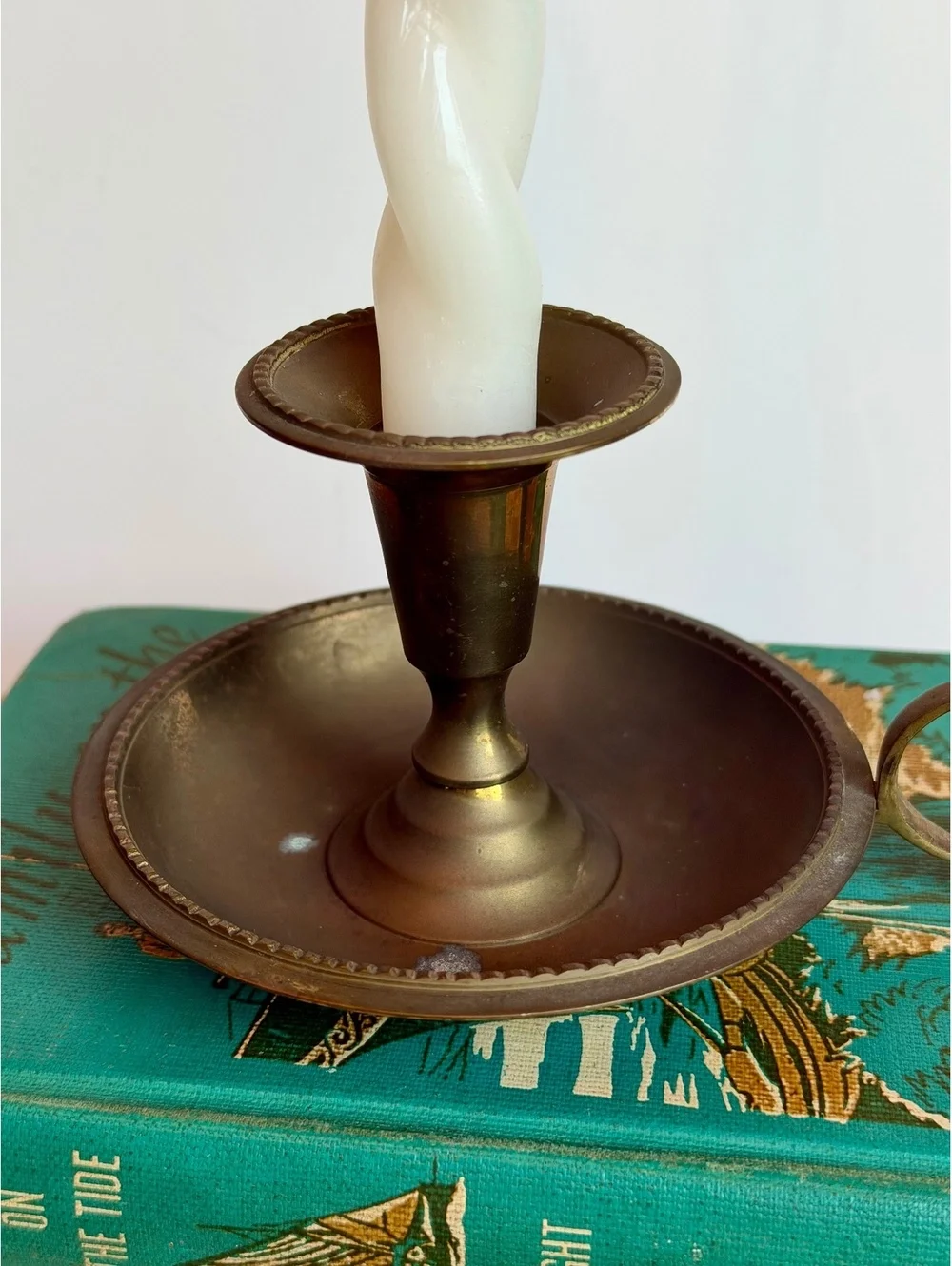 Vintage Brass Chamberstick Candle Holder Taj Mahal India Finger Loop Handle